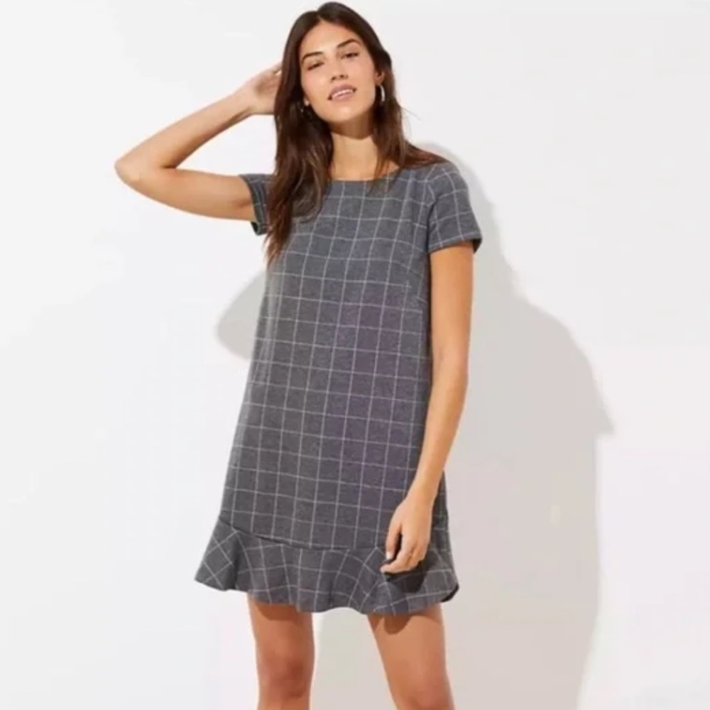 Ann Taylor Loft Gray Windowpane Plaid Shift Flounce Dress Sz 10
